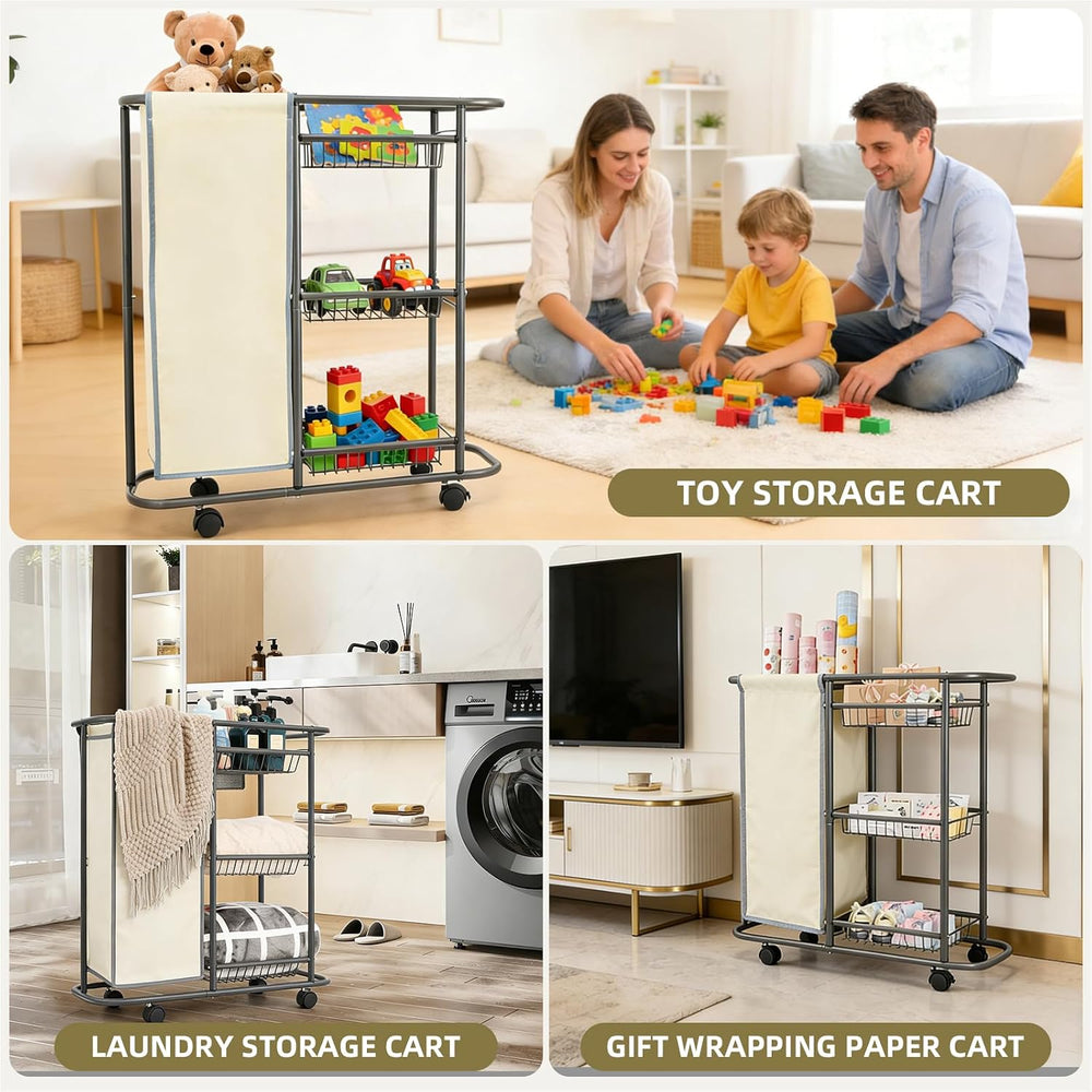 Narrow Laundry Sorter Cart with Wheels, 3 Tier Laundry Storage Cart, Beige