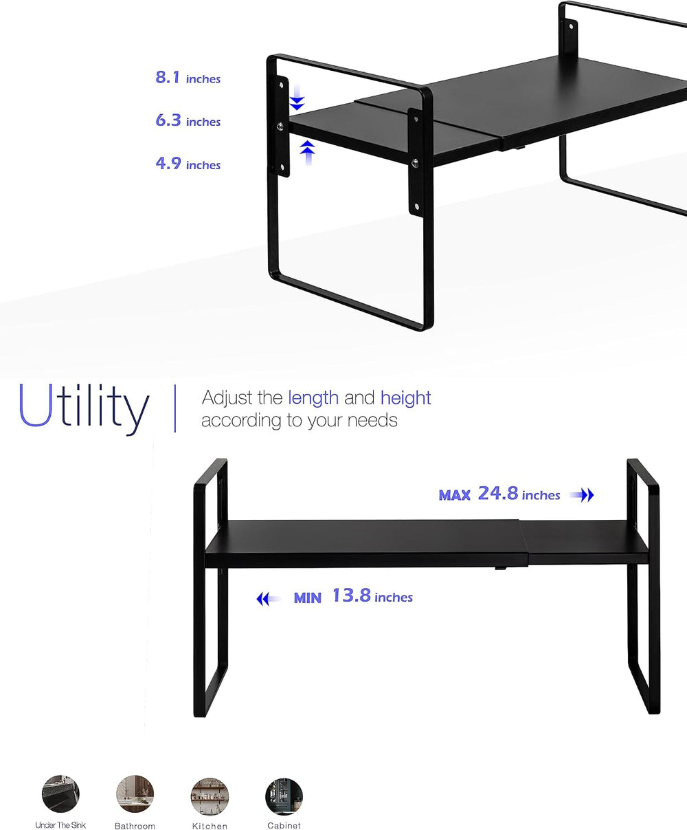 Cabinet Shelf Riser, Adjustable Cabinet Organizer, 8.6" Deep Black