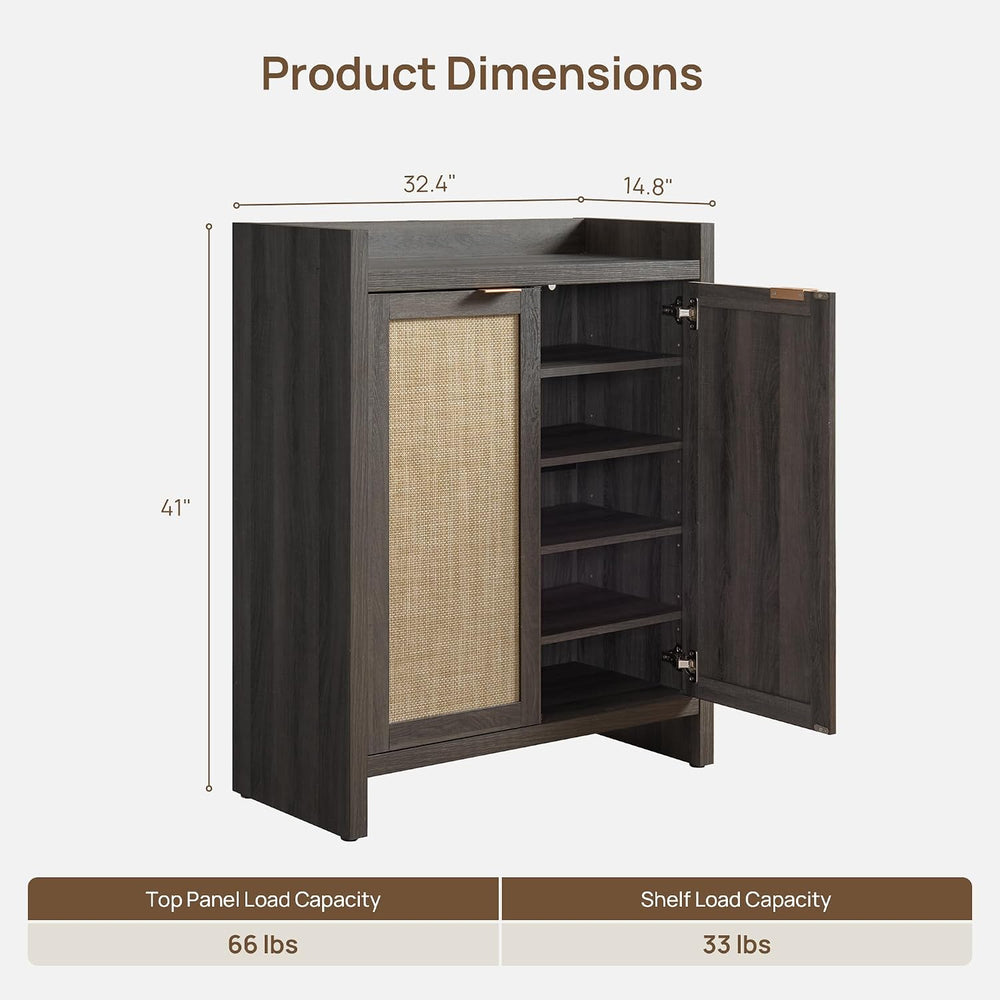 SICOTAS 41" Tall Shoe Cabinet, 24 Pair Shoe Storage Cabinet, Rattan Doors