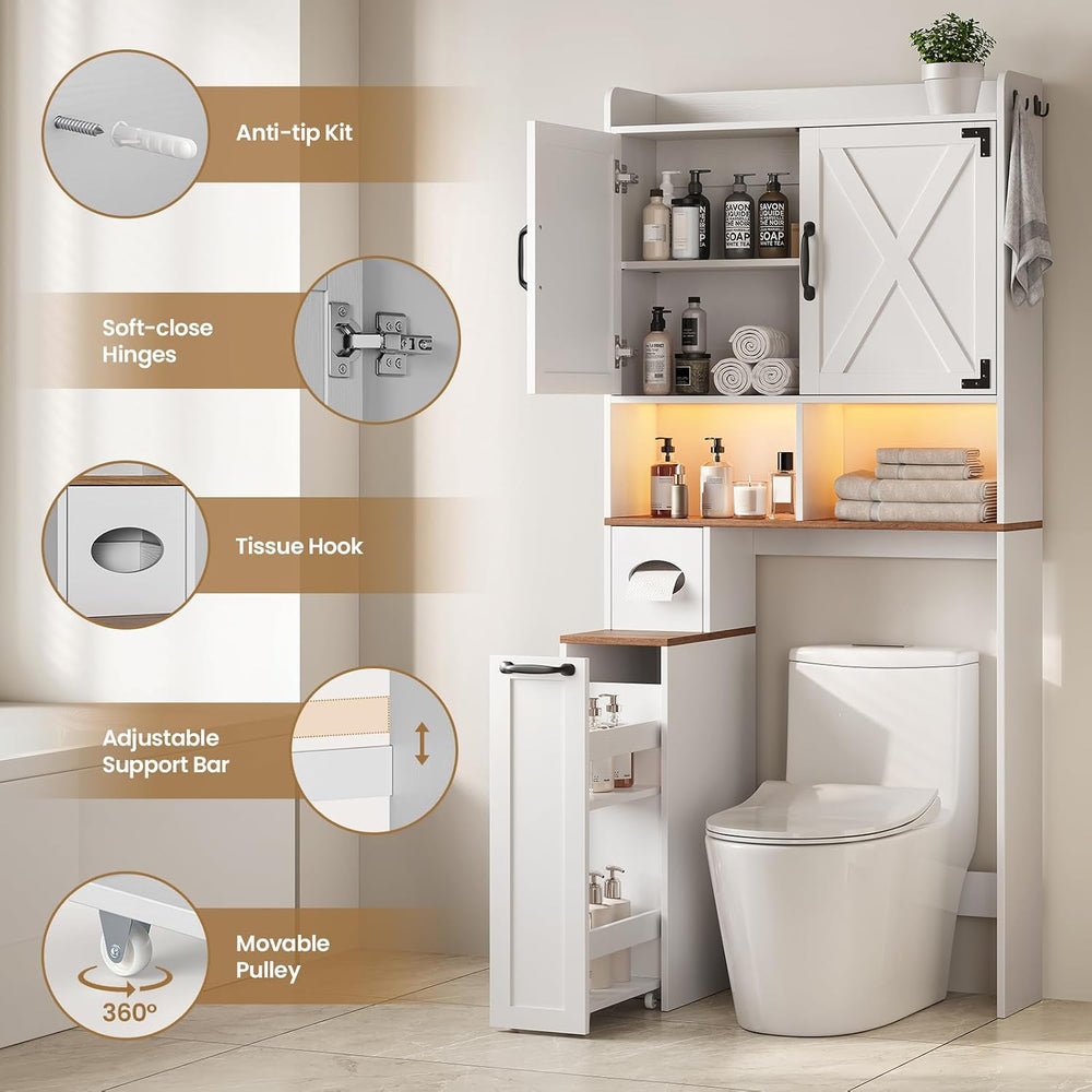 67''H Over the Toilet Storage Cabinet with LED Lights, White