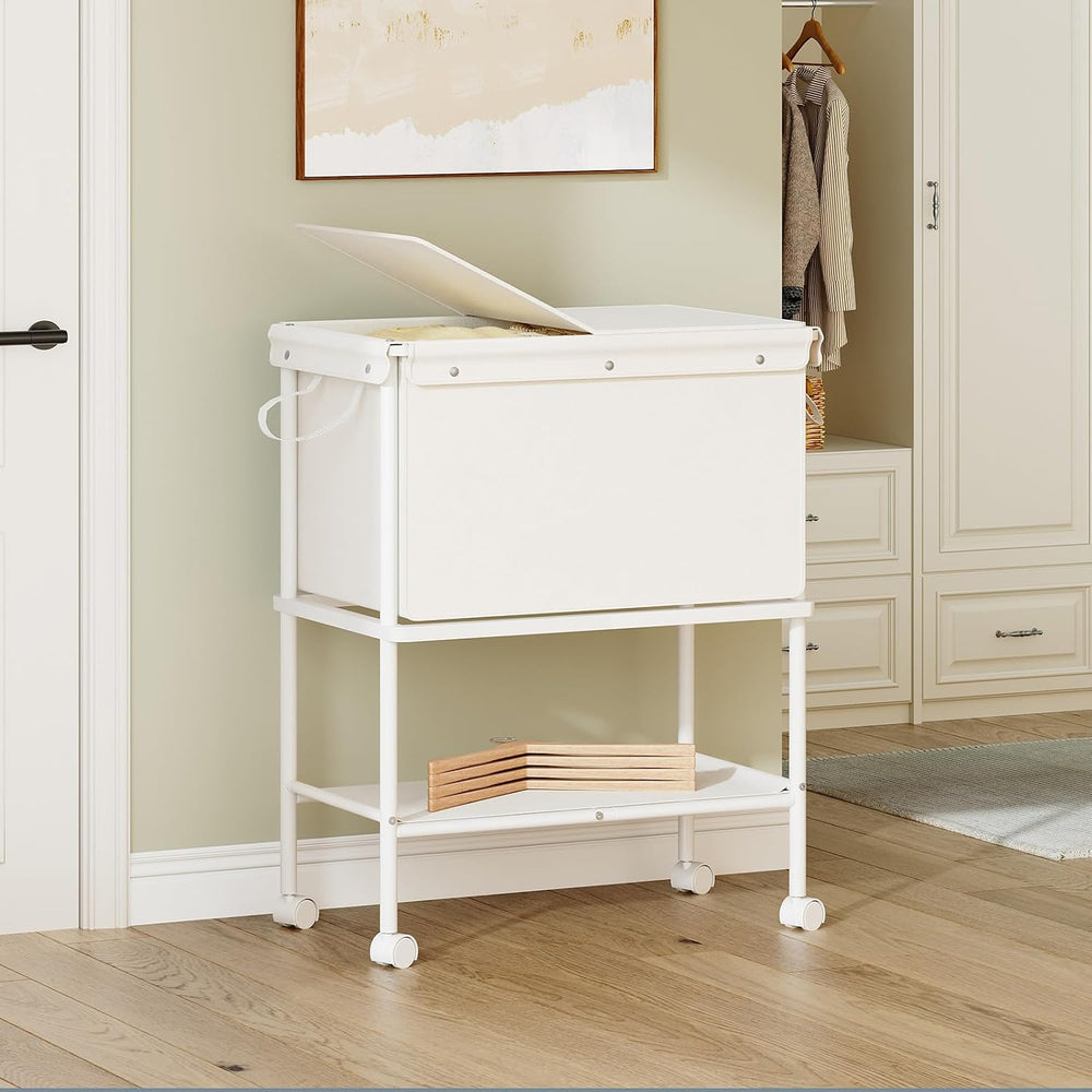 HOOBRO Rolling Laundry Cart with Lid & Shelf, 2-Tier Laundry Basket