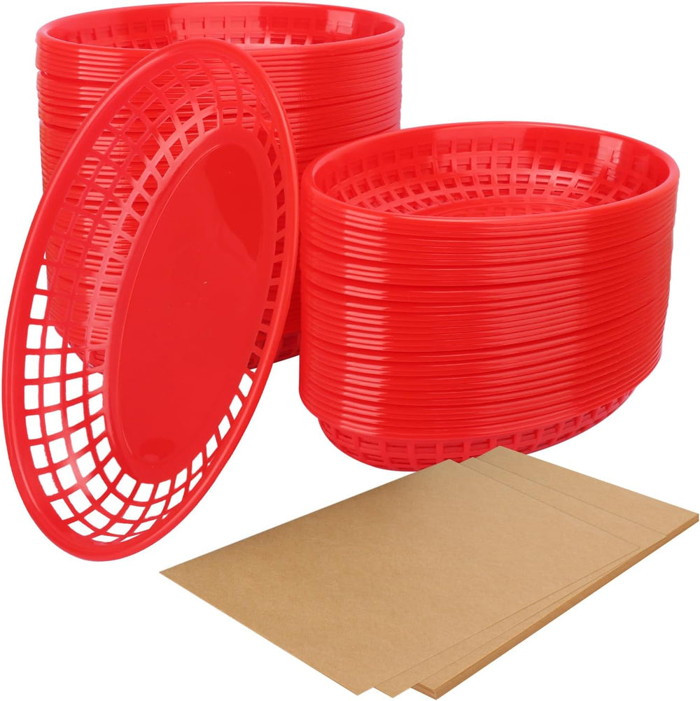 100 Pcs 9 x 5.7 Inch Red Oval Fast Food Baskets, Sturdy Plastic Food Serving ...