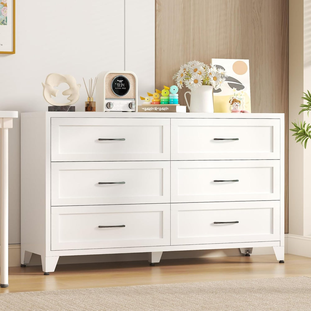 Metal 6 Drawer Dressers for Bedroom, 47" Wide White Steel Chest of Drawe...