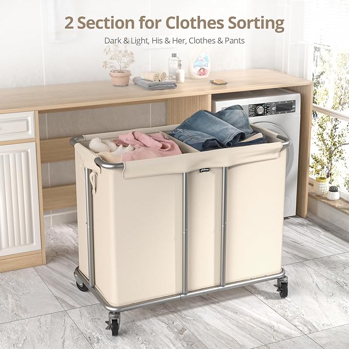 230L Rolling Laundry Hamper, 2-Section Laundry Basket