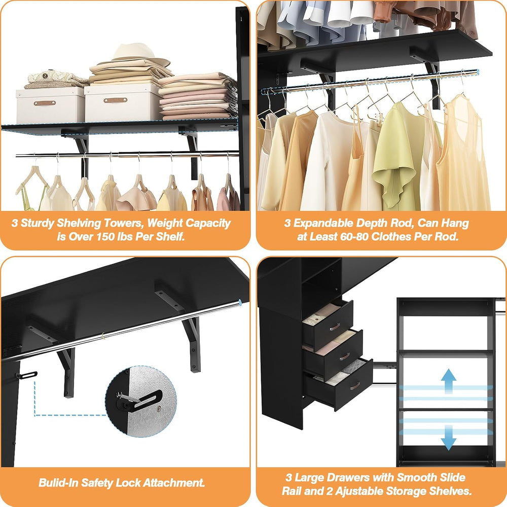 Armocity 96" Wood Closet System with 3 Enclosed Drawers & 3 Solid Sh...