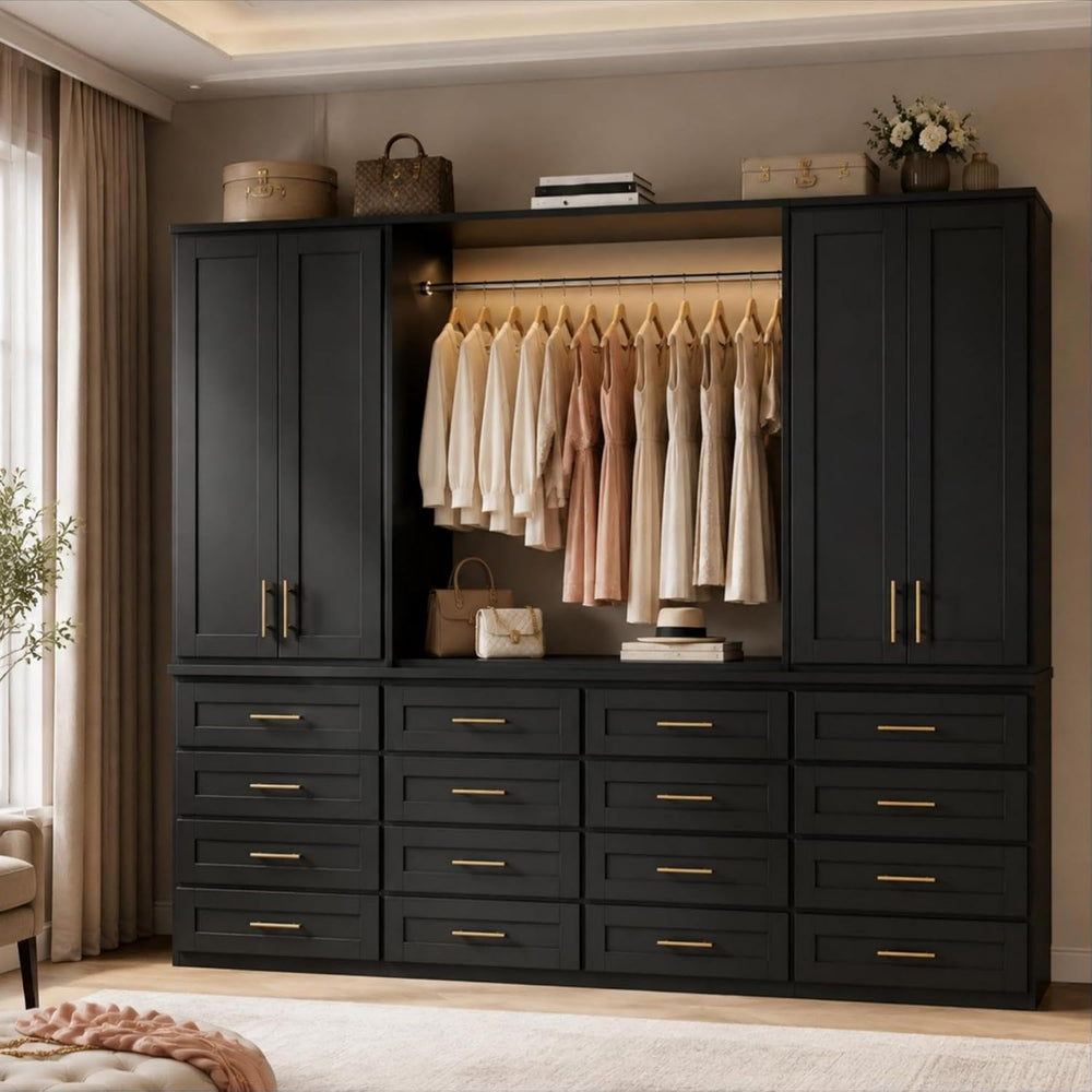 FUFU&GAGA 94.5” Wardrobe Armoire Closet with 16 Drawers & 4 Doors, Black