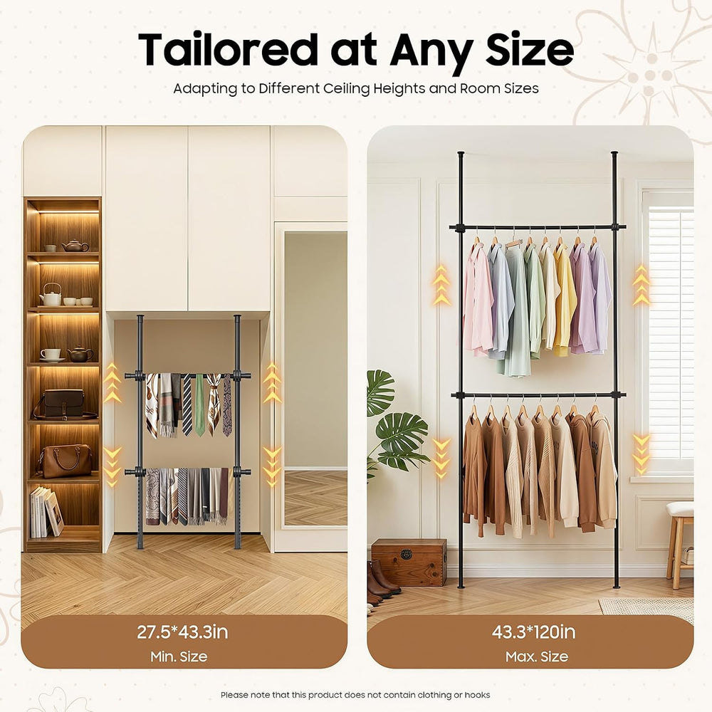 Floor to Ceiling Clothes Rack, Heavy-Duty Telescopic Garment Rack, 2-Tier Adj...