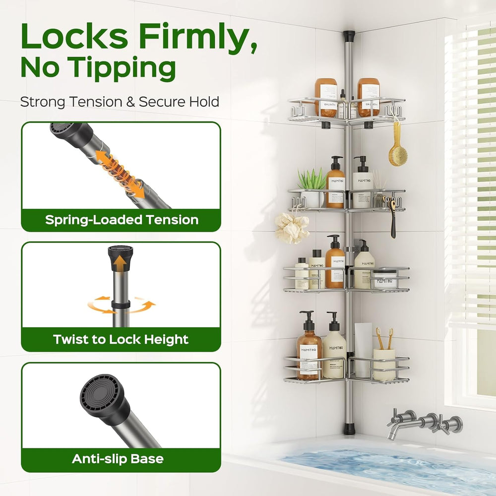HAMITOR Shower Caddy Tension Pole, 4-Tier No Drill Corner Shower Organizer