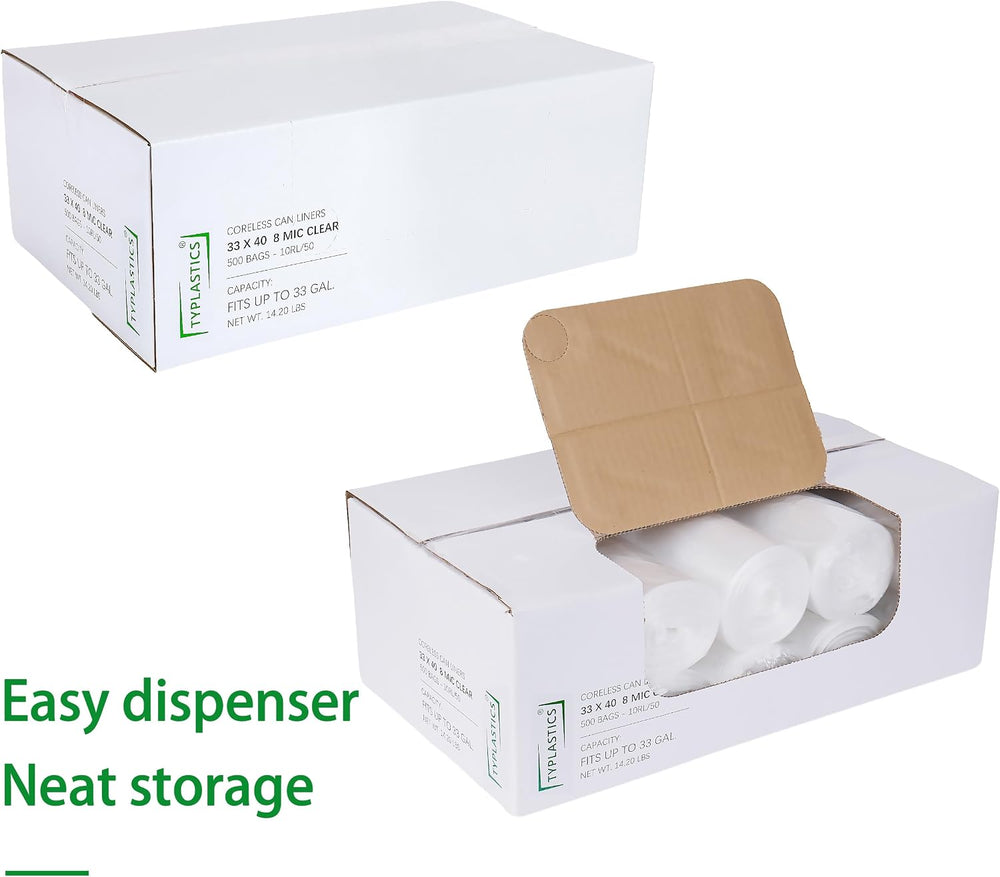 TYPLASTICS 33 Gallon Clear Trash Can Liners, 500 count, 33" x 40"