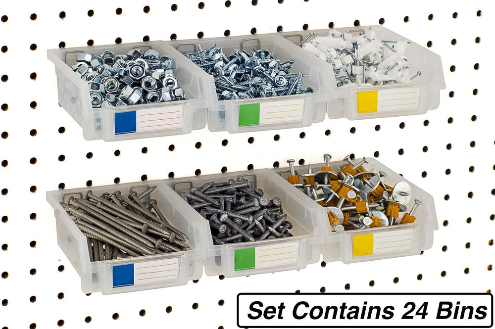 Pegboard Bins – 24 Pack Clear - Hooks to Any Peg Board - Organize Hardware, A...