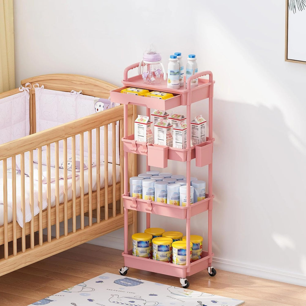 4 Tier Rolling Storage Cart with Drawer, Utility Carts with Wheels
