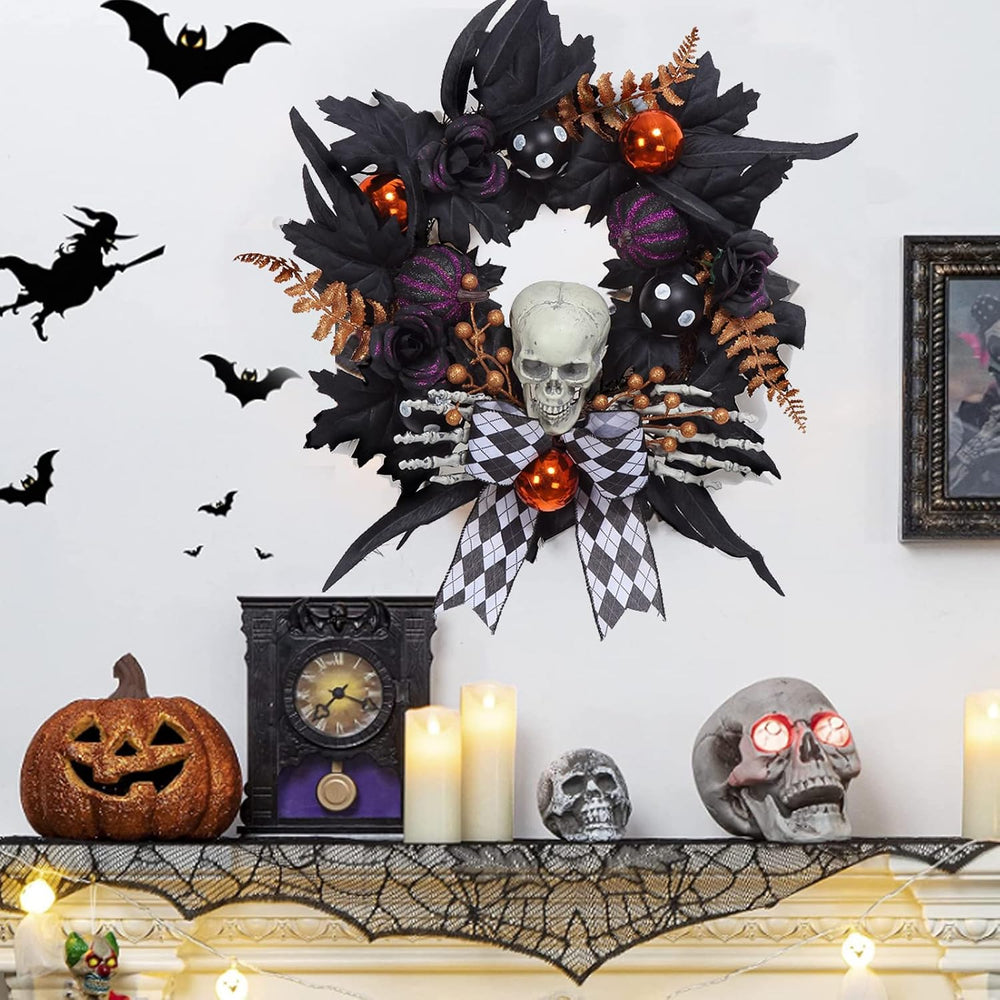 Halloween Wreath for Front Door Halloween Skeleton Decorations, 20 Inch Pumpk...