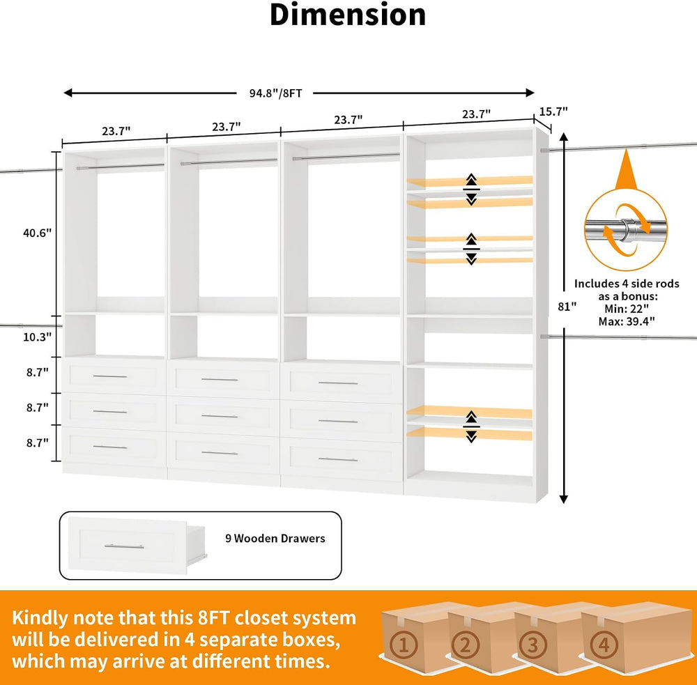 Closet System with 4 Sets, 8FT-21FT Closet Organizer Systems with 9 Wooden Dr...