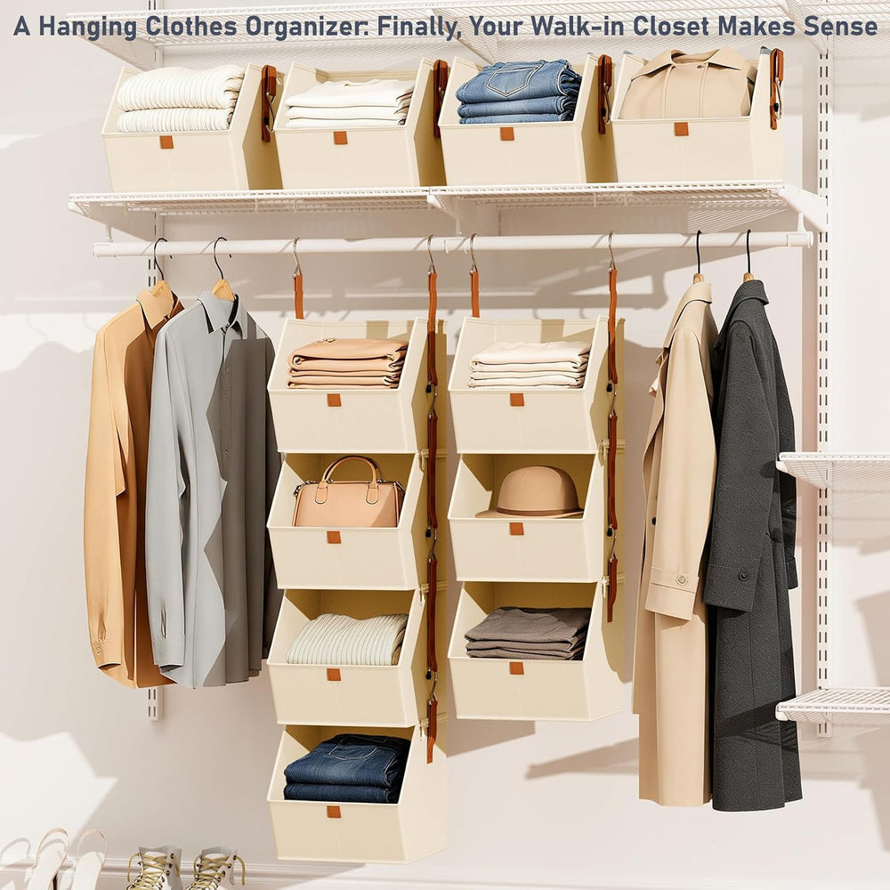 DIMJ Hanging Closet Organizer - 4 Tier Collapsible Hanging Shelves with Hooks...
