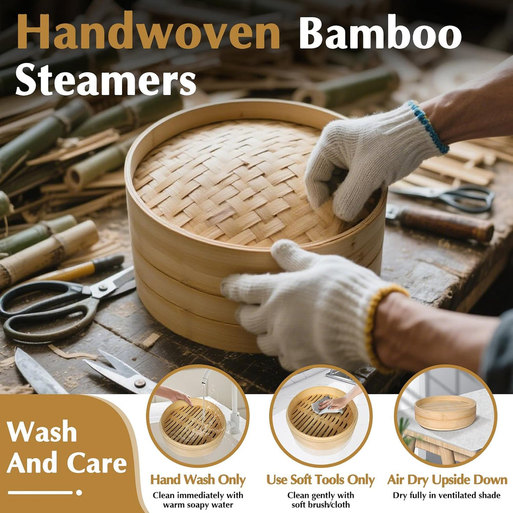 Bamboo Steamer 2 Tier 10-Inch Steaming Basket, Bun Vegetable Steam, Dumpling ...
