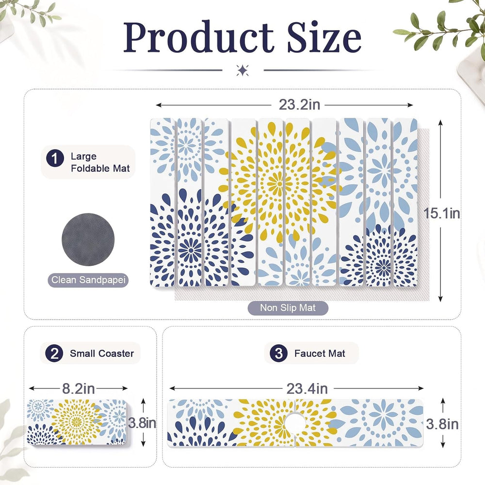 Large Stone Dish Drying Mat Set for Kitchen Counter Blue Mandala