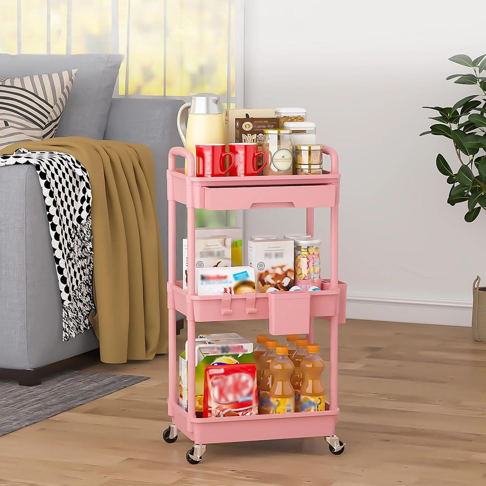 3 Tier Rolling Utility Cart with Drawer, Plastic Storage Organizer Rolling Ca...
