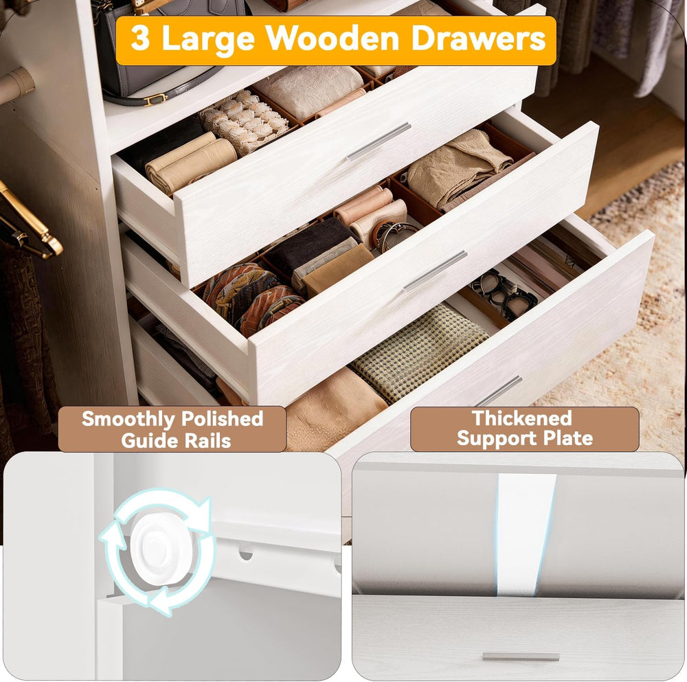 Wooden Closet System With LED Light 11FT Closet Organizer with 3 Wooden Drawe...