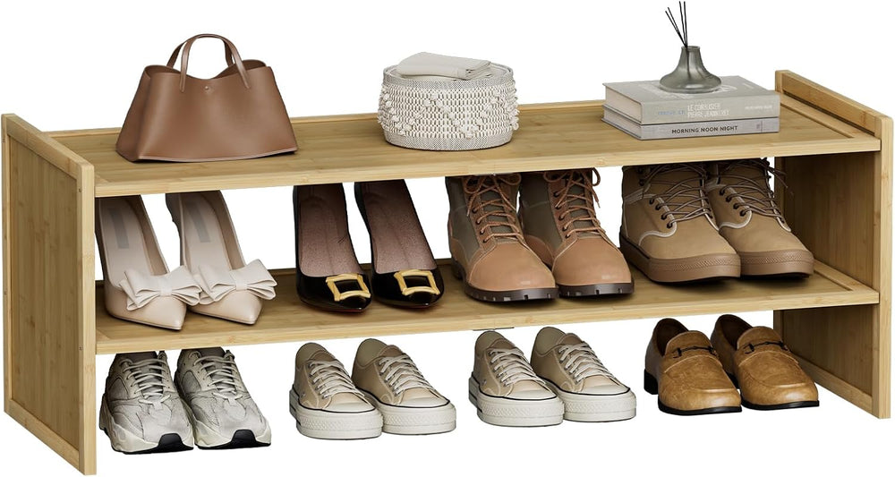 Bamboo Shoe Rack for Closet, Wood Shoe Organizer Shelf for Entryway, 2 Tiers,...