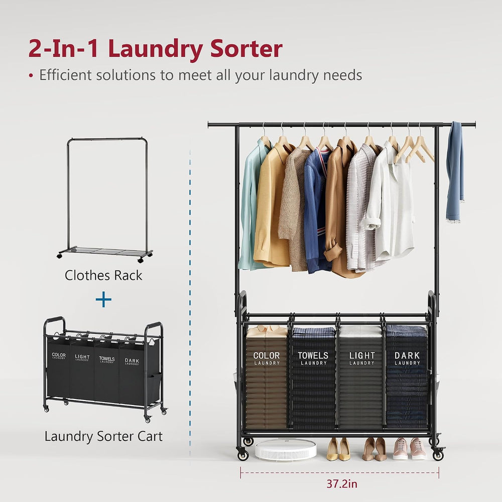 Tajsoon Laundry Sorter with Hanging Bar, 4 Section Laundry Hamper, Black