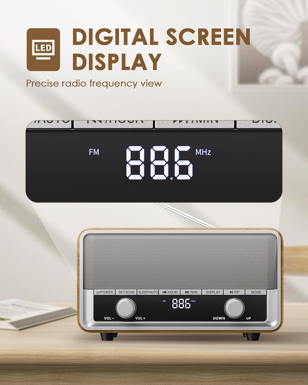 Vintage Wood AM FM Bluetooth Radio with Clear LCD Display