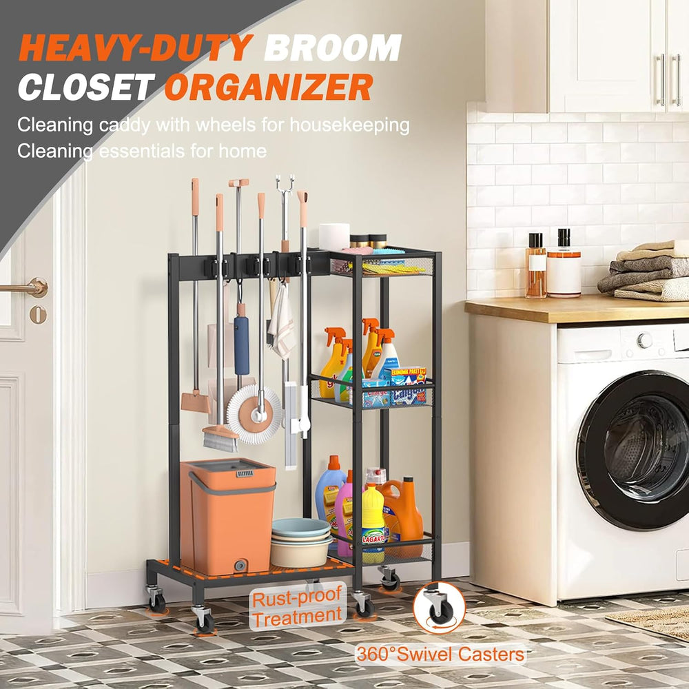 Broom Holder with Cleaning Supplies Organizer, Broom Closet Storage Cabinet w...