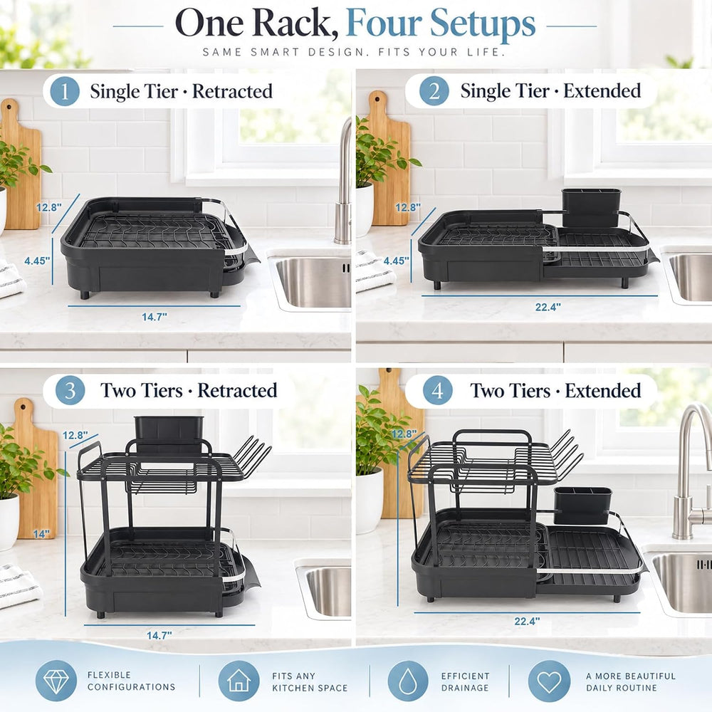 2 Tier Dish Drying Rack, Dish Drainer with Drainboard Set, Black