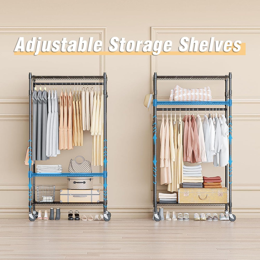 Homdox Heavy Duty Clothing Rack with 3 Tier Adjustable Wire Shelves, Garment ...