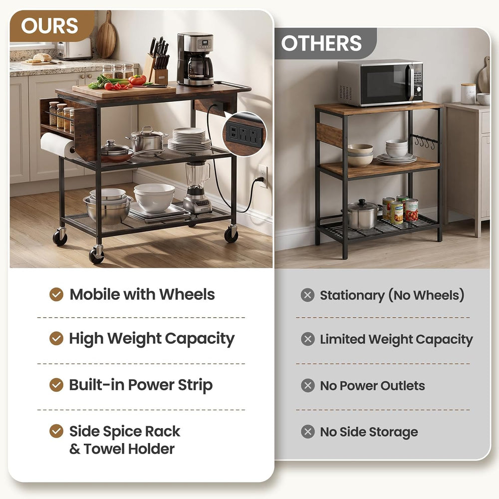 Rolling Kitchen Island Cart with Storage, 3 Tier Kitchen Cart on Wheels,Wood ...