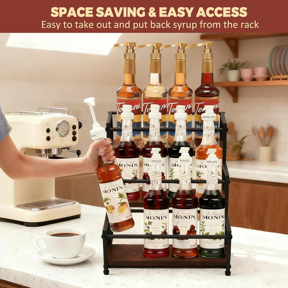 Coffee Syrup Rack Organizer, 3-Tier Metal Bottle Display Shelf, Holds 12 Bott...