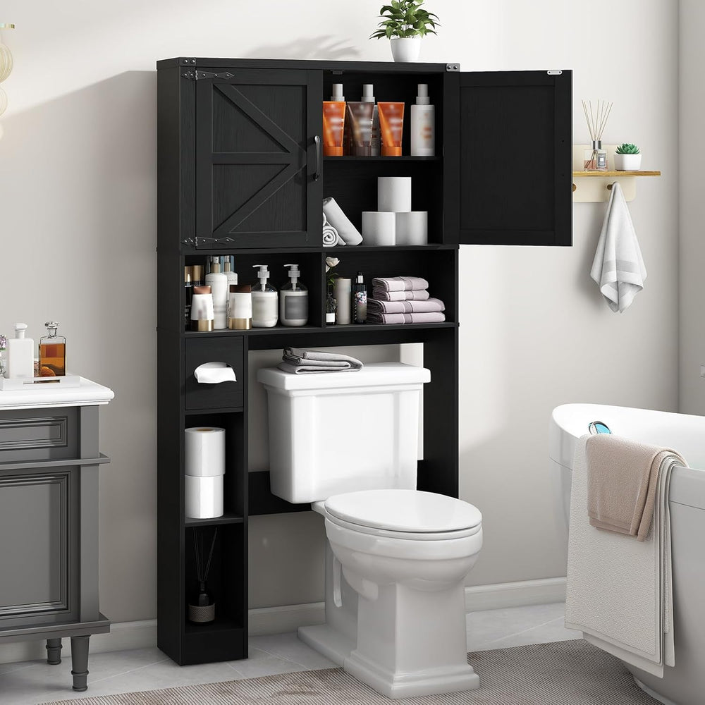 Vabches Over The Toilet Storage Cabinet with 2 Barn Doors, Pure Black
