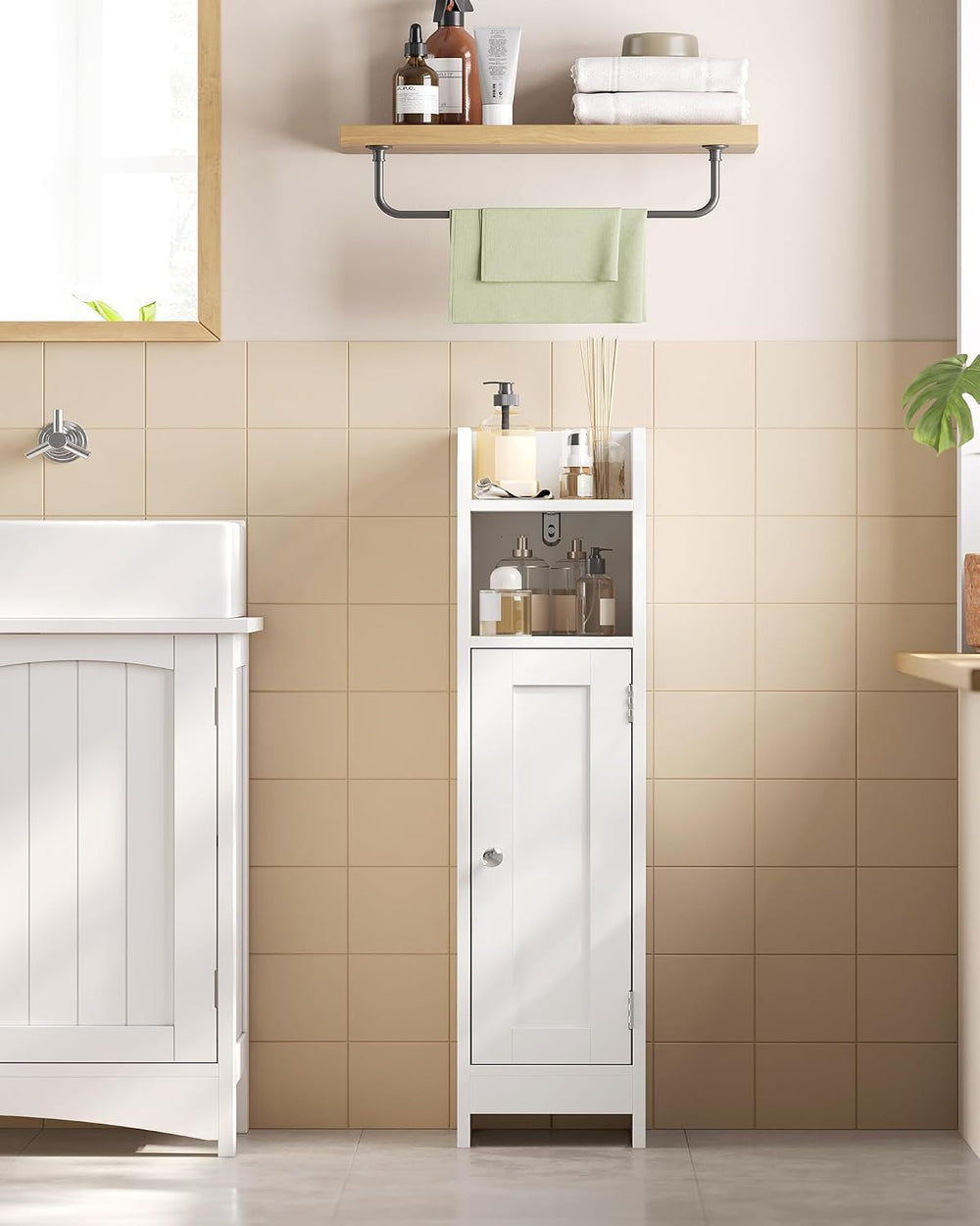 VASAGLE Small Storage Corner Floor Cabinet with Door, Cloud White