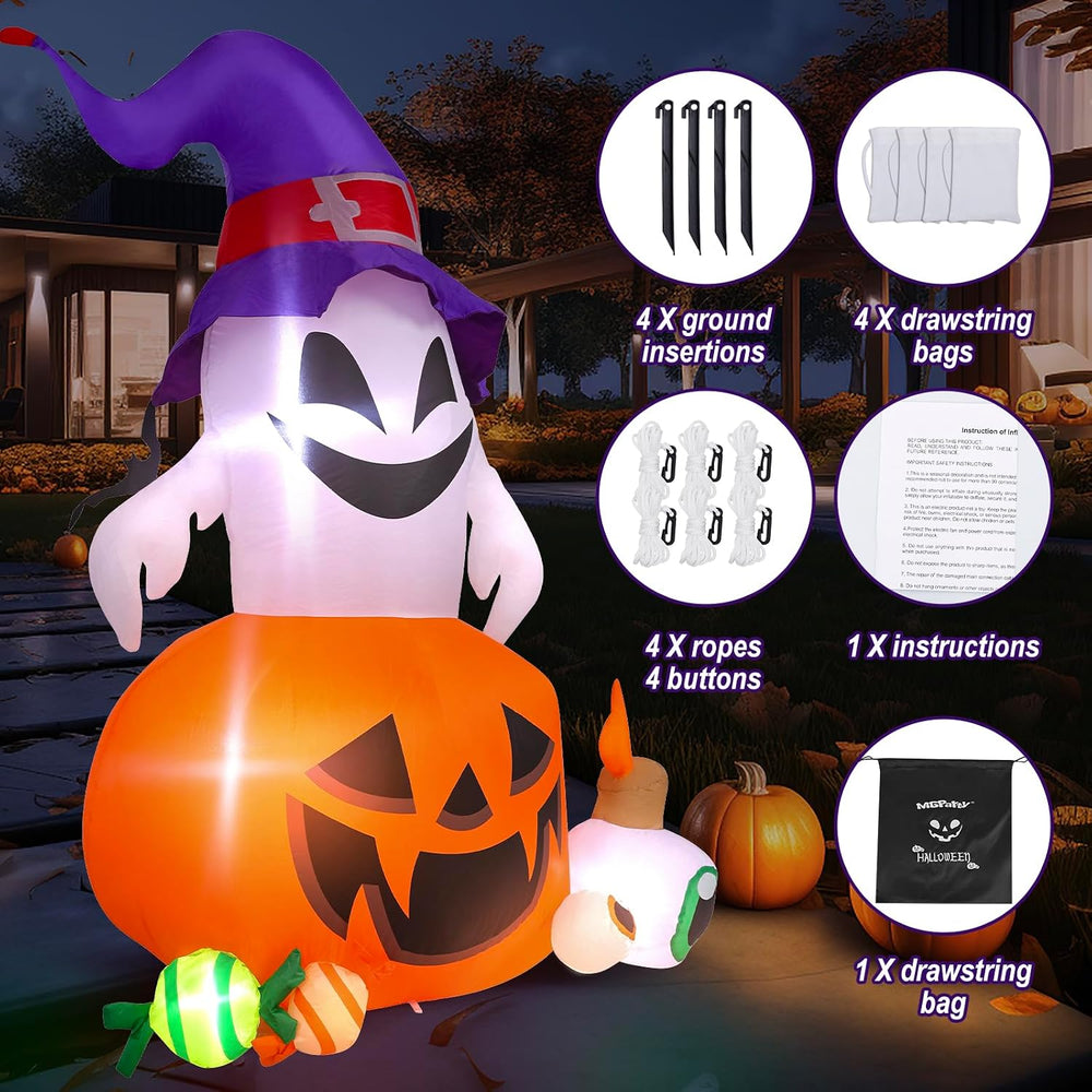 5FT Halloween Inflatable Outdoor Decoration Pumpkin Ghost with Built-in LEDs ...