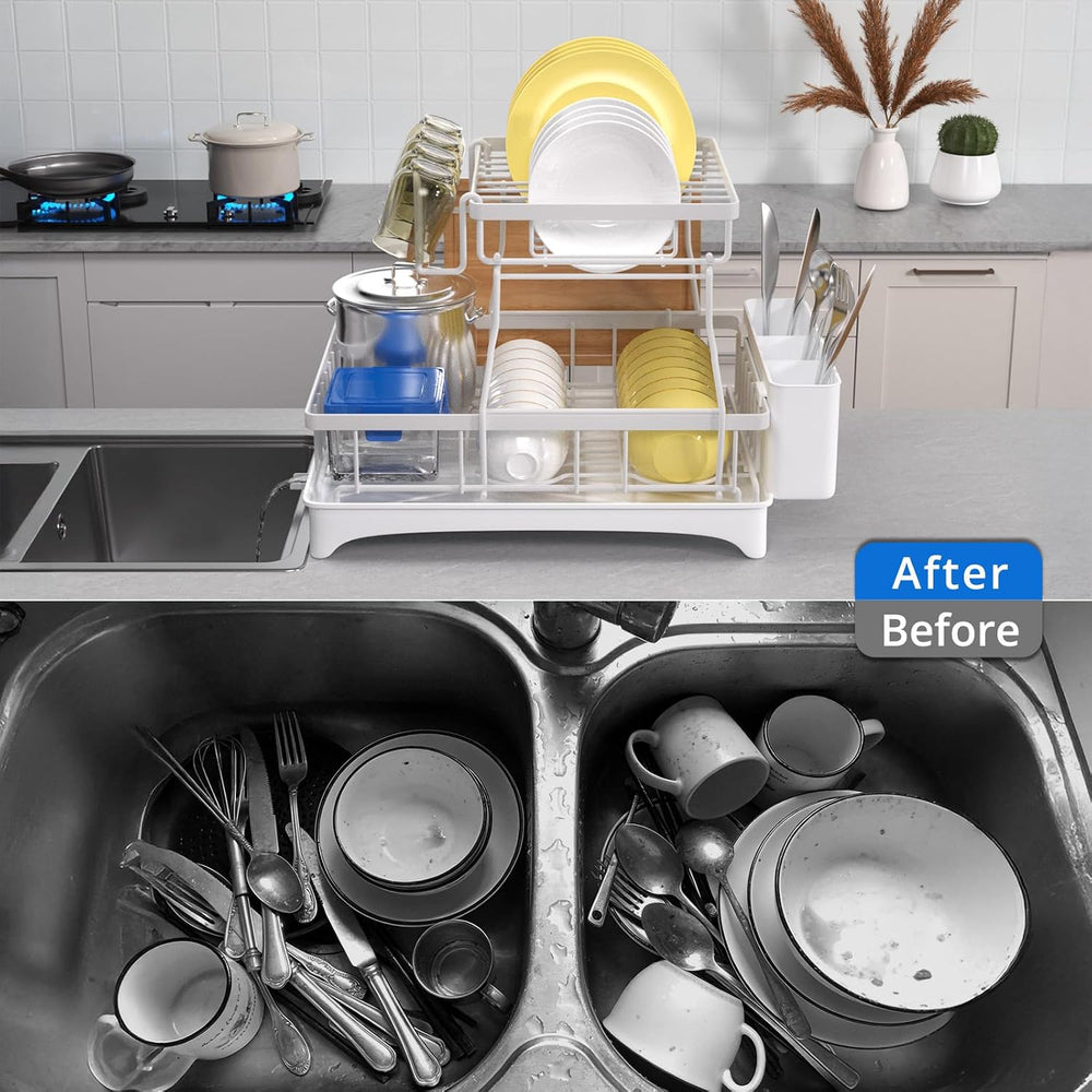 Godboat 2-Tier Dish Drying Rack - Dish Rack with Auto Drain-to-Sink & Mat