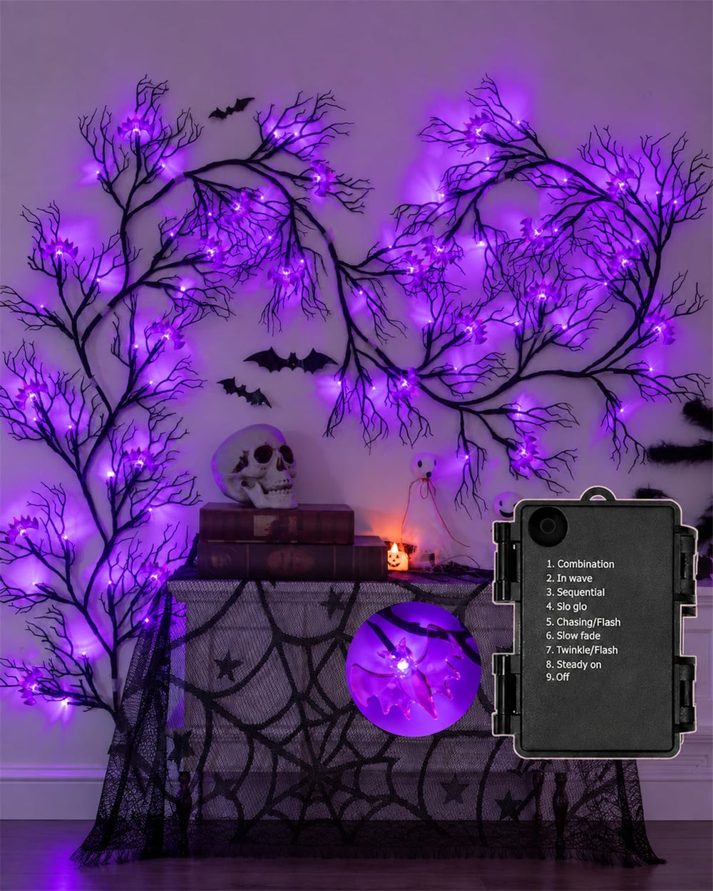 Halloween Twig Garland Decoration with 66 Purple LED Lights, 9 FT