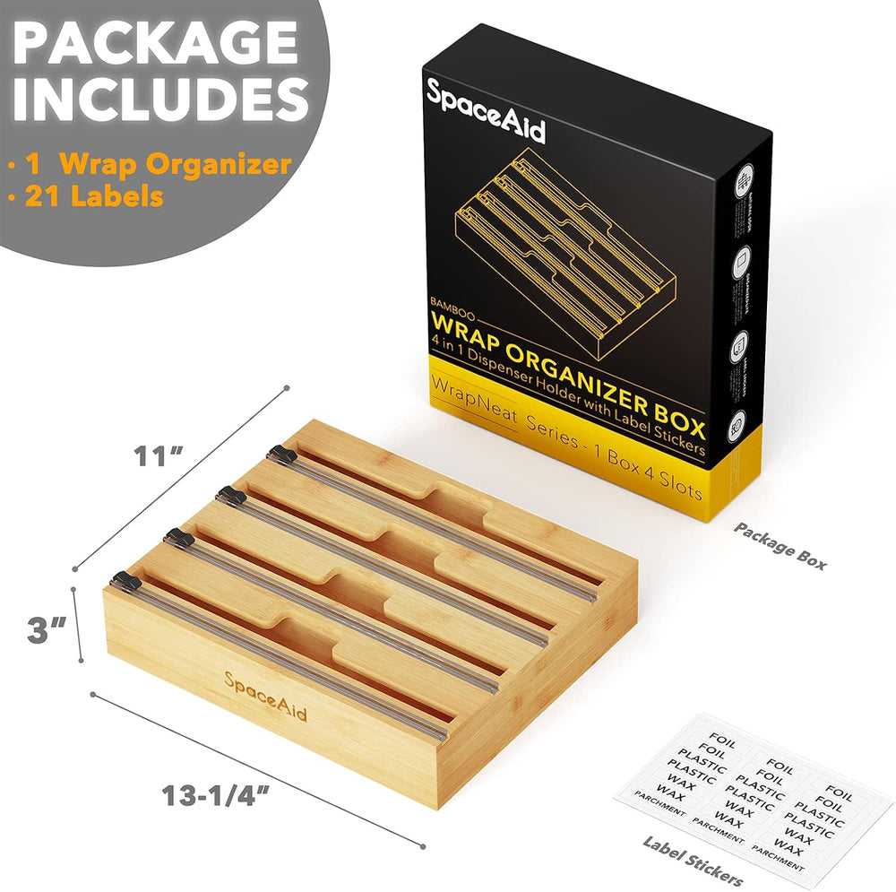 SpaceAid WrapNeat 4 in 1 Wrap Dispenser with Cutter and Labels, Plastic Wrap,...