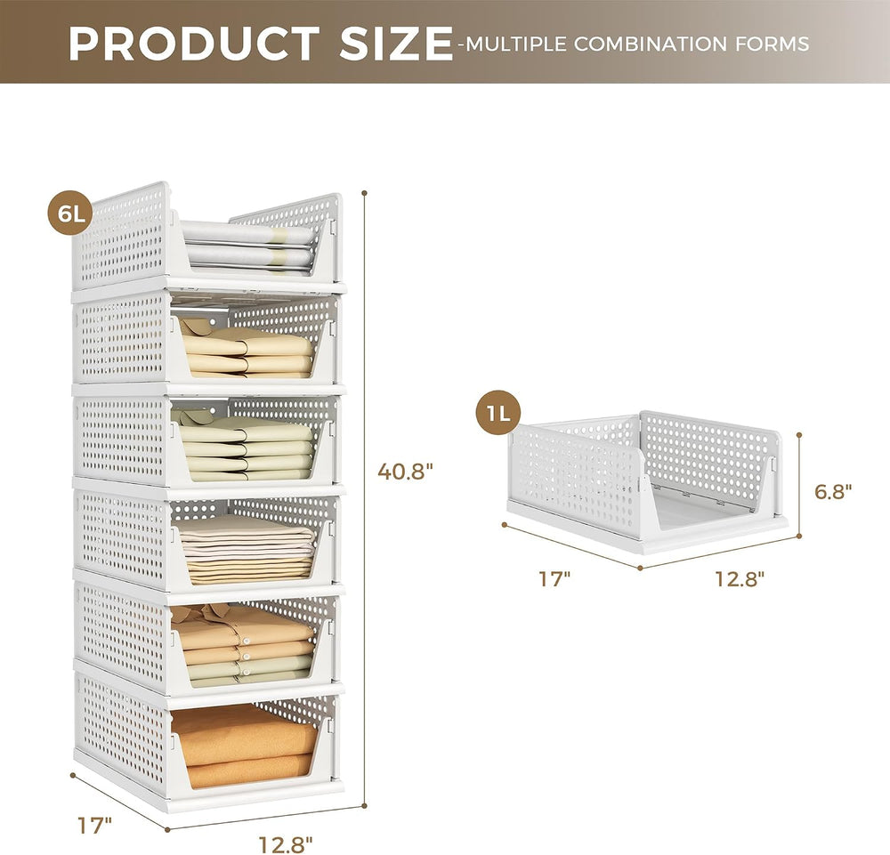 Pinkpum 6 Pack Closet Organizer Storage Bins Stackable Plastic Drawer Shelf