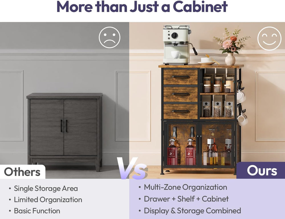 Coffee Bar Cabinet with Drawers - Open Shelves and Mesh Doors