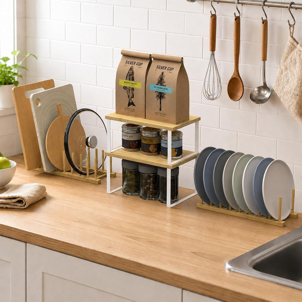 4 Pcs Kitchen Organizer Accessories Set for Cabinet, Classic, Natural Bamboo