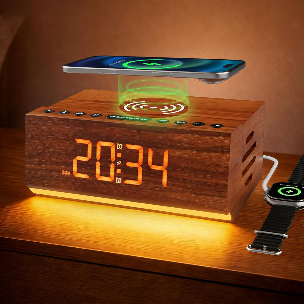 Wooden Digital Alarm Clock with Wireless Charging & Bluetooth Speaker