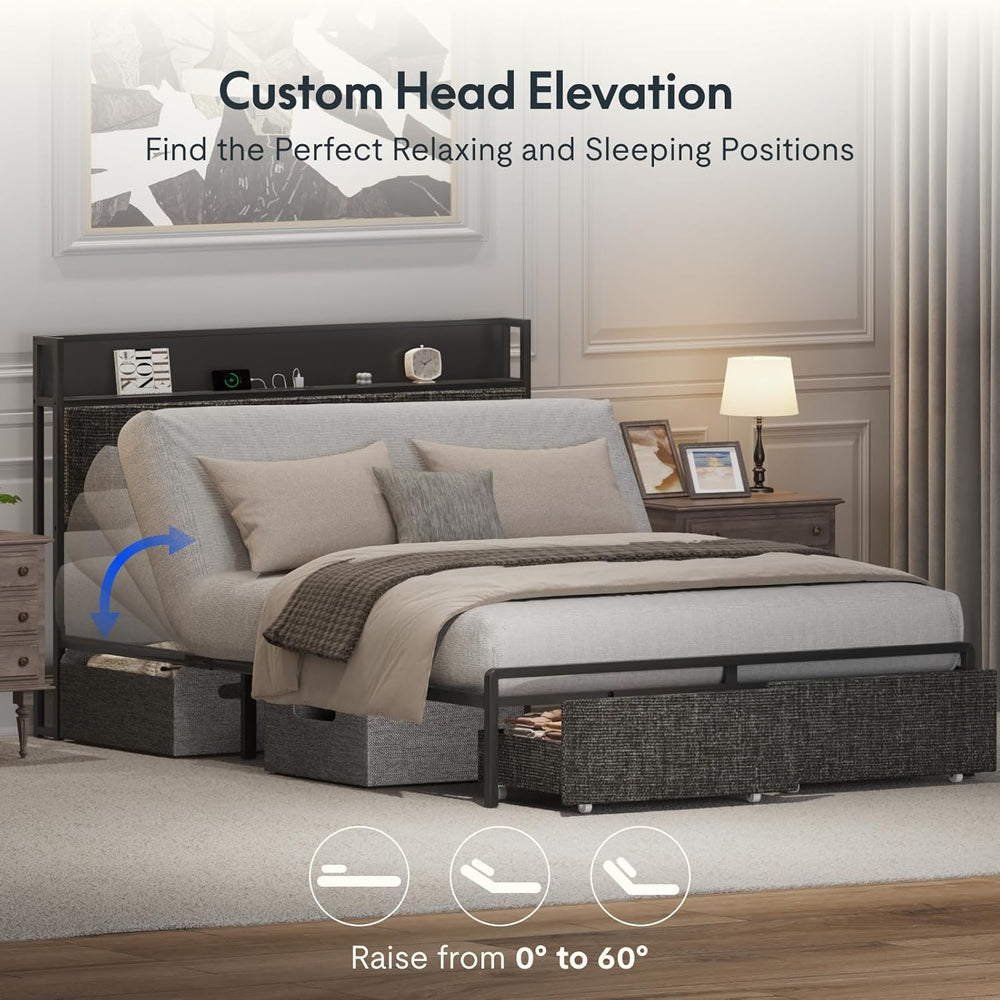 FLEXISPOT Queen Adjustable Bed with Storage Headboard and Charging