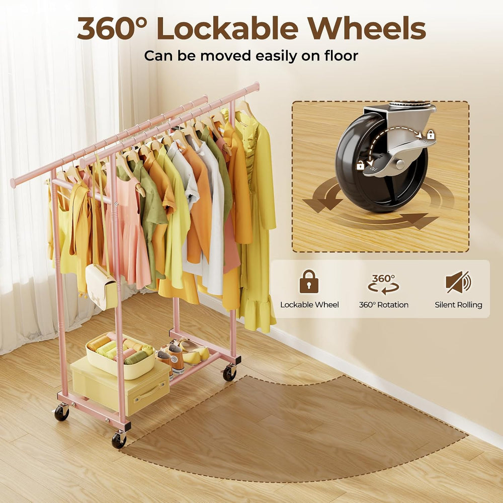 HYSEYY Double Rods Clothes Rack, Sturdy Rolling Clothing Rack, Portable Cloth...
