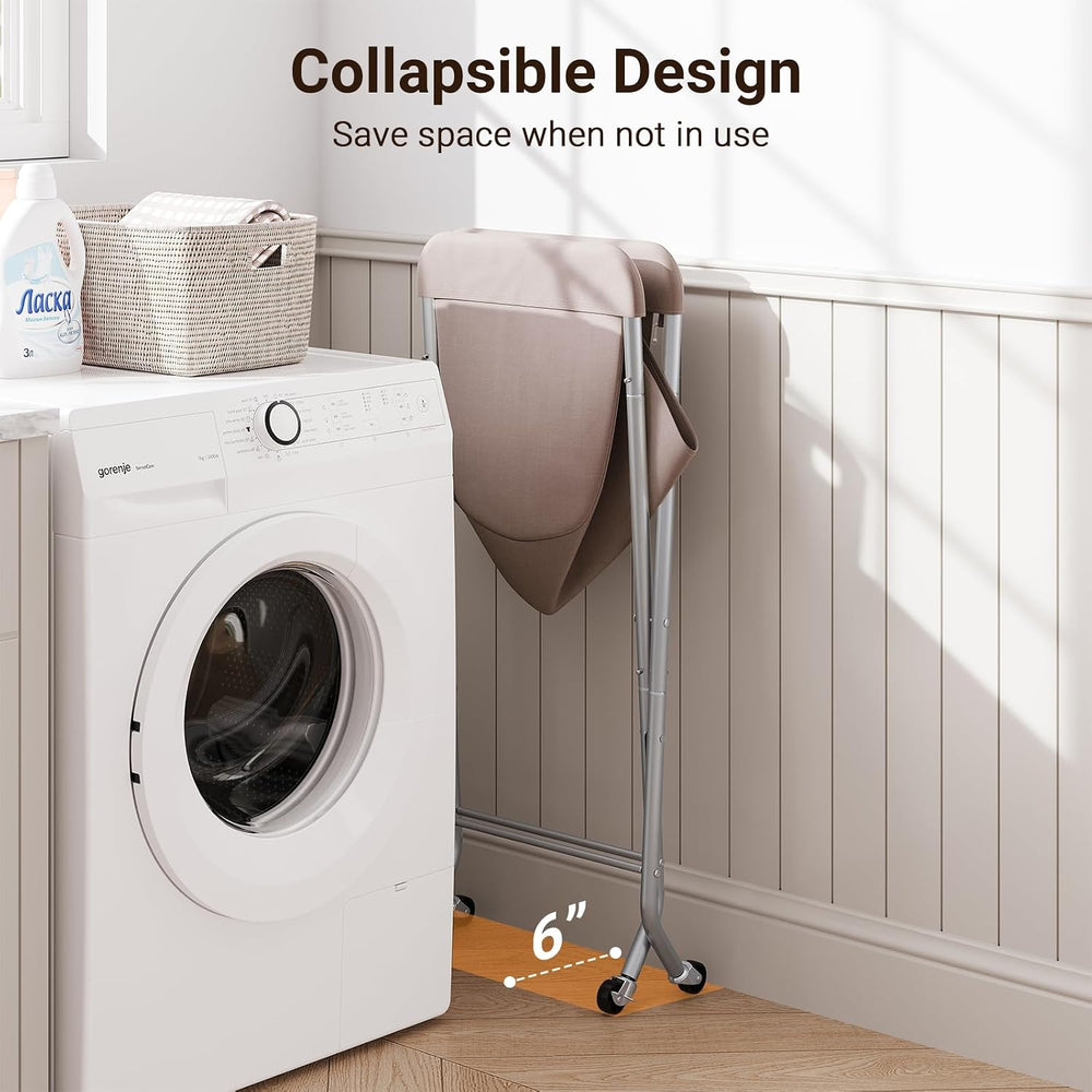 ELYKEN Laundry Basket with Wheels, Collapsible Laundry Hamper, Camel Brown