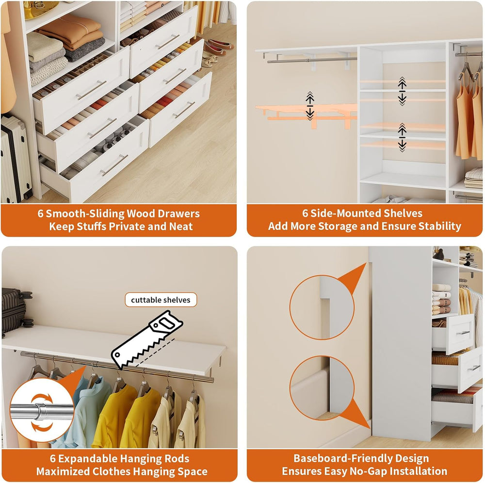 Closet System with 6 Drawers, 6-12.3FT Closet Organizer System Wood with 8 Sh...