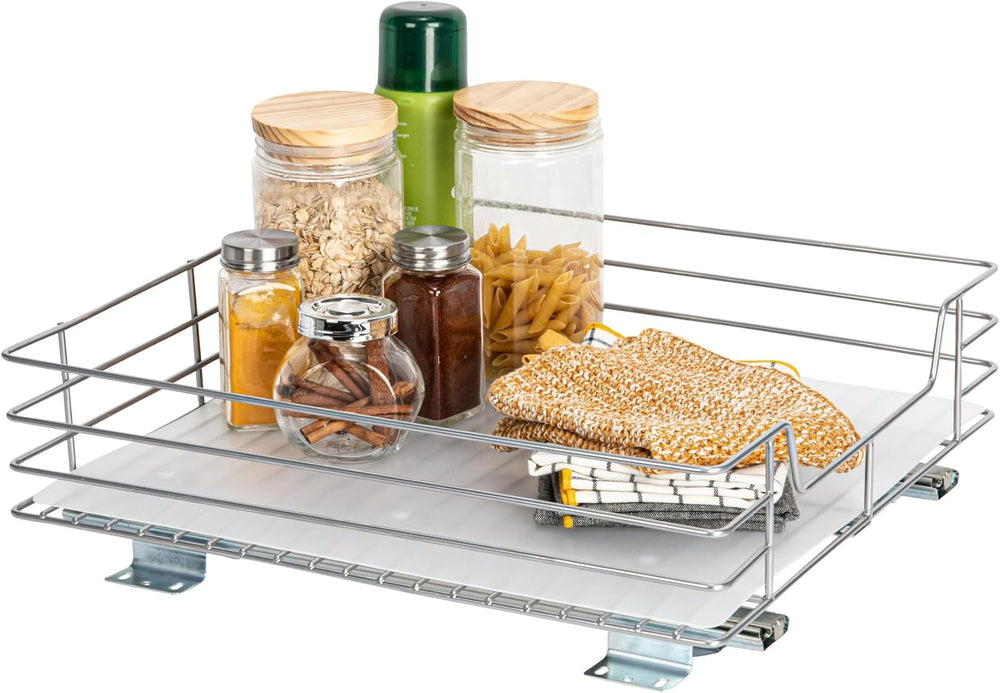Household Essentials Brushed Steel Pull-Out Pantry Organizer with Plastic Lin...