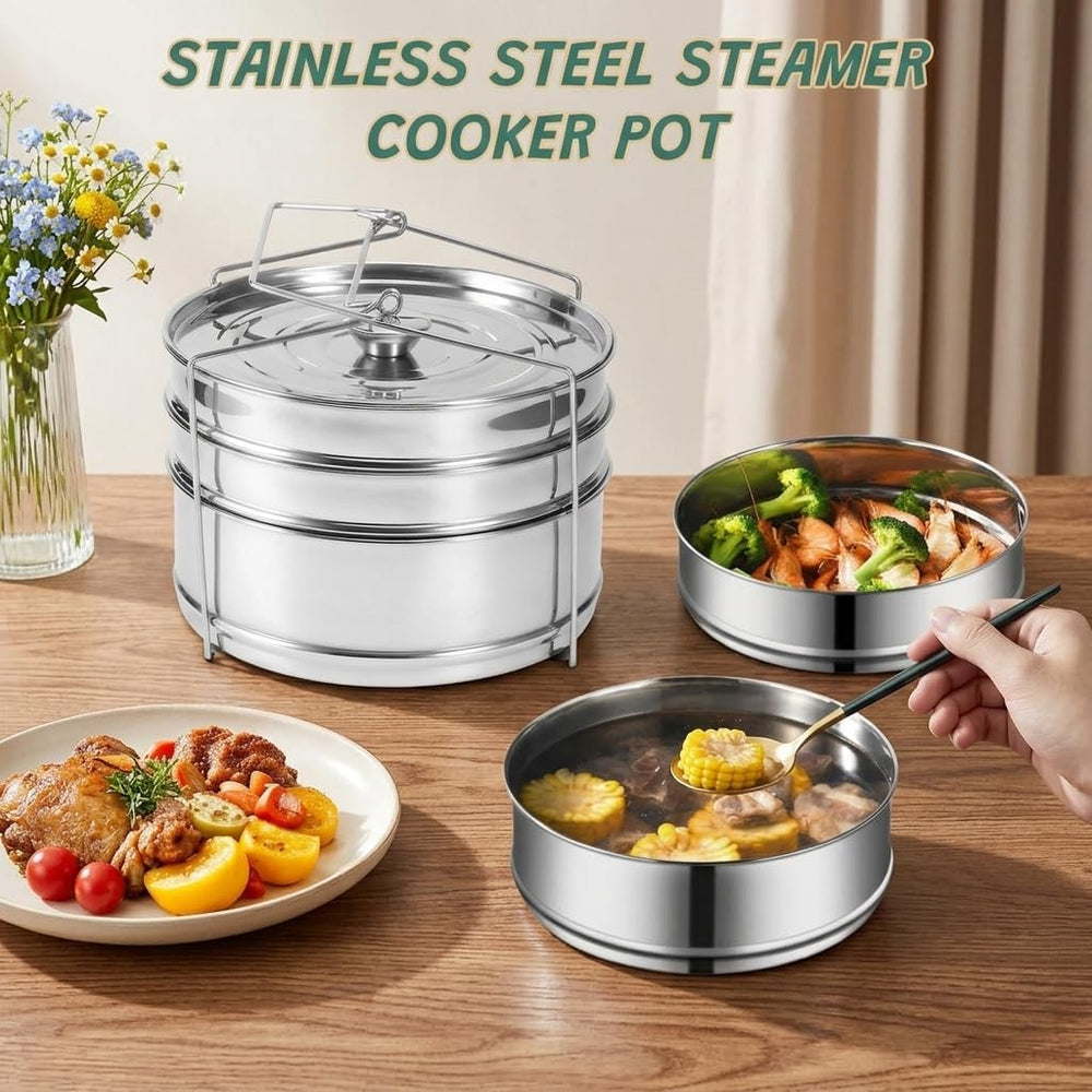 3-Tier Stackable Steamer Insert Pans, Stainless Steel for 6Qt 8Qt Pot