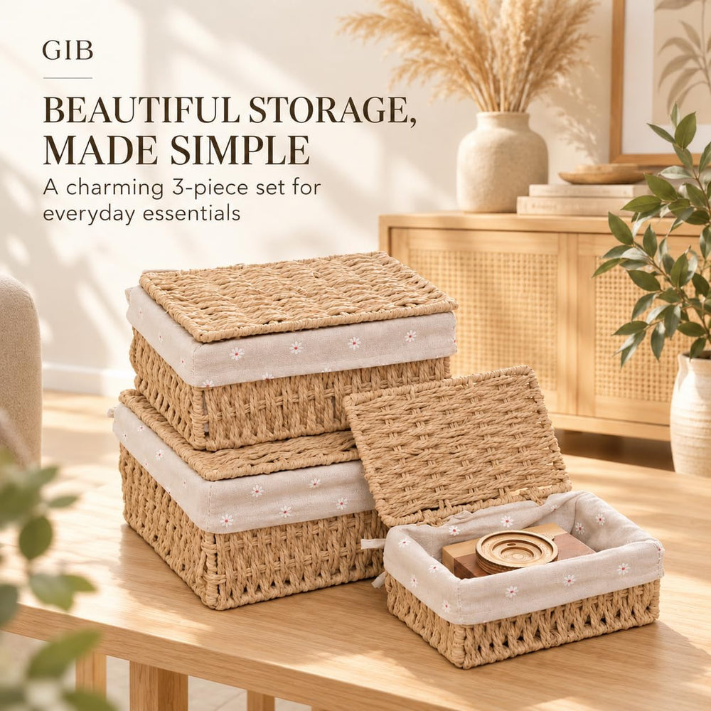 GIB Small Wicker Baskets with Lid & Liner Decorative Storage Boxes Set of 3