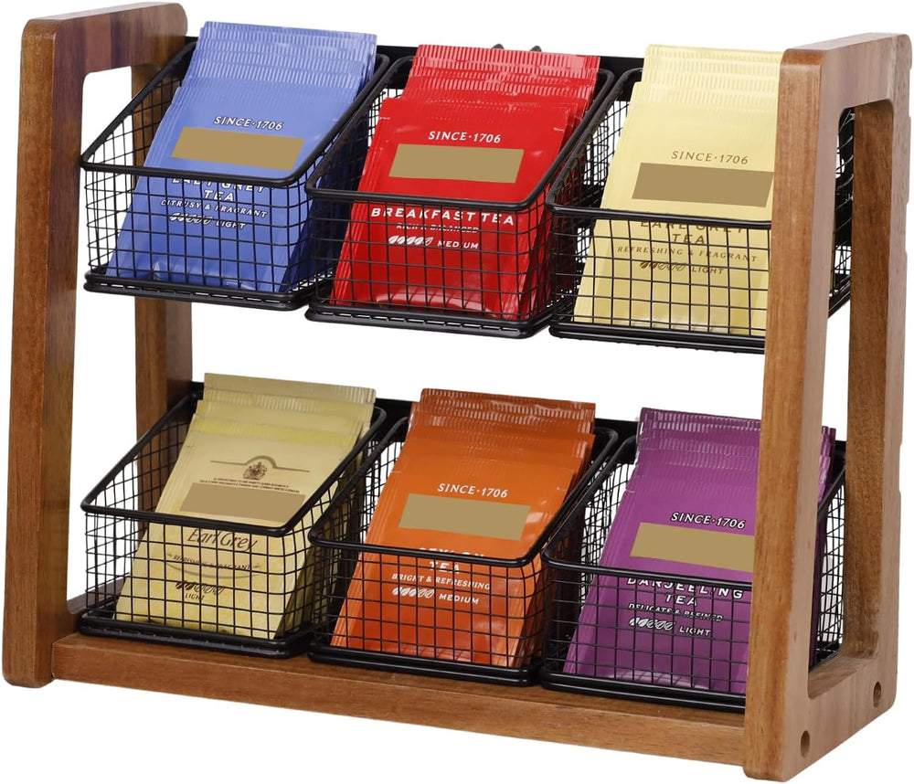 HTB 2 Tier Tea Organizer for Tea Bags with 6 Removable Metal Baskets