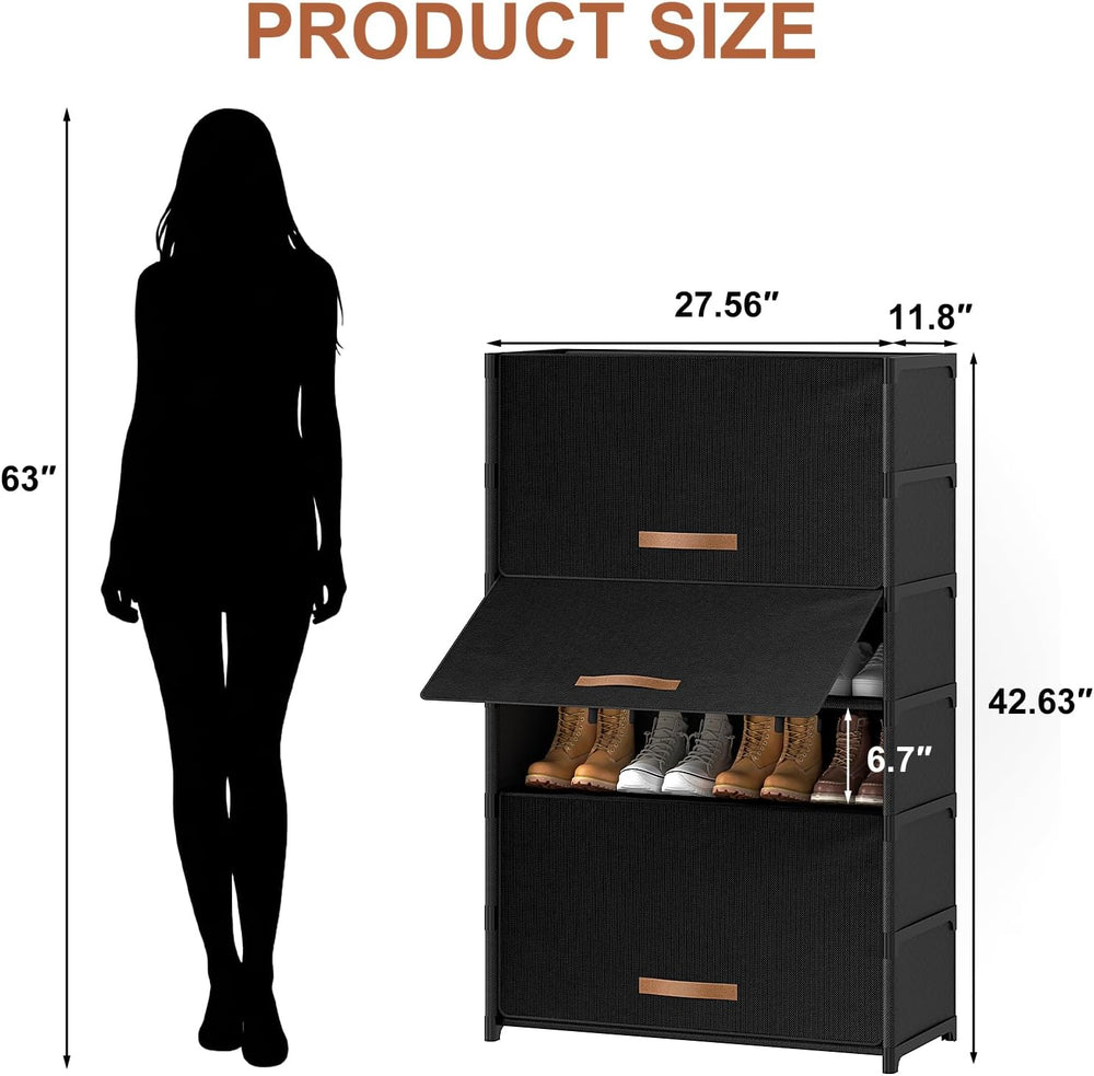 7 Tier Shoe Cabinet with Door, 28-Pair Storage, Black