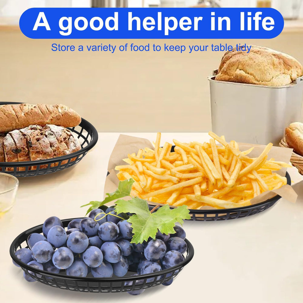 95 Pcs 9 x 5.7 Inch Reusable Black Oval Fast Food Baskets, Sturdy Plastic Pla...